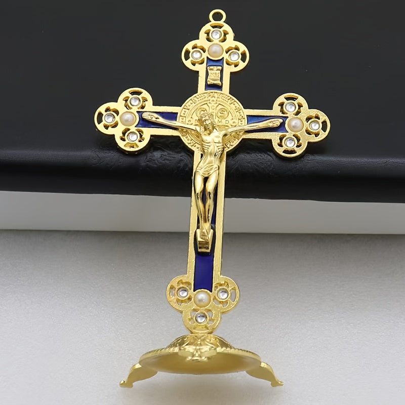 A Vintage Metal Statue of Christ Featuring an Intricate Cross Design - Perfect for Living Room Religious Decor, a Prayer Talisman, Adorned with Beautiful Golden And Red Accents, Suitable for Church Use