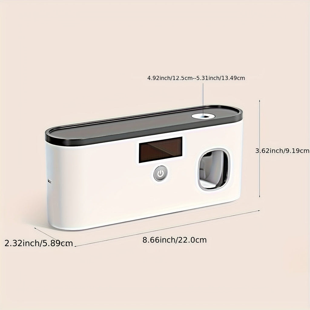 Um Suporte Inteligente para Escovas de Dentes para Organizar Escovas de Dentes na Casa de Banho, Com um Dispensador Automático de Pasta de Dentes - Montado na Parede, com 5 Compartimentos de Armazenamento, Feito de Plástico Durável, Bateria de Lítio Recarregável Via USB, Perfeito para Organização Moderna da Casa de Banho