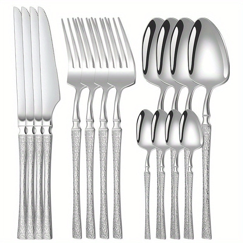 Conjunto de Talheres em Aço Inoxidável de 4/16/24 peças, Cabo de Talher com Padrão Martelado para Essenciais Domésticos, Talheres de Faca, Garfo e Colher de Alta Qualidade, Adequado para Casamentos, Hotéis, Restaurantes, Natal, Halloween, Ação de Graças, Dia dos Namorados, Dia da Mãe