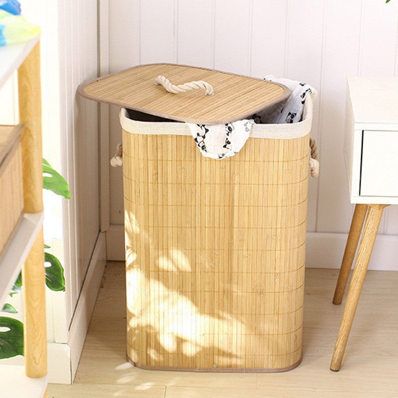 Dirty Laundry Basket 72 LITERS Bamboo Rectangular Lid Coated Quarter Bathroom Foldable