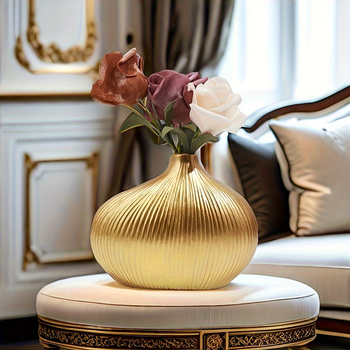 Uma Vaso de Resina Dourado às Riscas Deslumbrante, um Vaso de Flores Cilíndrico Moderno e Luxuoso, Perfeito para Decoração de Casa e Arranjos de Mesa, Não Requer Eletricidade ou Pilhas.