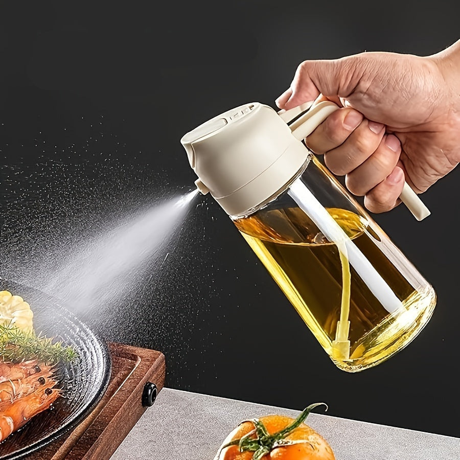 Frasco de óleo portátil 2 em 1 com spray e bico dosador | Pulverizador e dosador de azeite, 470ml, em plástico, ideal para cozinhar, grelhar, fritadeiras elétricas, assar e preparar saladas.