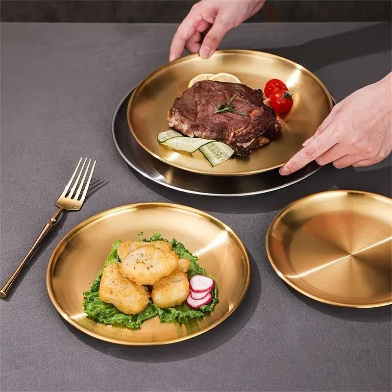 Conjunto de 6 Pratos de Jantar em Aço Inoxidável, Prato de Salada Dourado, Prato de Churrasco Coreano, Prato Principal Ocidental, Prato para Lanches e Sobremesas, Adequado para Restaurante e Uso Doméstico, Bandeja Multifuncional para Lanches e Prato para Ossos
