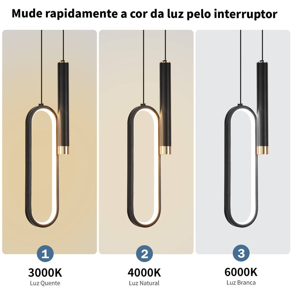 Modern Oval Pendant Light, 20W Adjustable Height LED Chandelier, 3-in-1 Dimmable LED with 100cm Adjustable Cord for Living Room, Bedroom, and Kitchen, Black