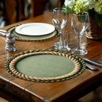 Conjunto de 4 Capachos Redondos - Borda em Cordão Verde Bege, Tapetes Centrais para Mesa na Cor Bege, 38,1x38,1 cm Resistente e Lavagem Manual Apenas no Tecido Decorativo Rústico Fazenda, Jantar Campestre, Festas Temáticas & Uso Diário - Utensílios Elegantes