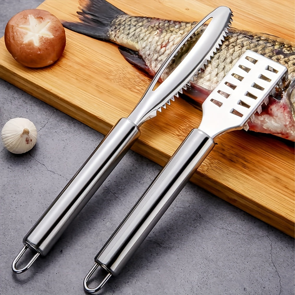 Conjunto de 4 Removedores de Escamas de Peixe e Escova em Aço Inoxidável - Ferramenta de Cozinha Robusta em Aço Inoxidável 430 com Cabo Ergonómico, Bordas Serrilhadas para Fácil e Rápido
