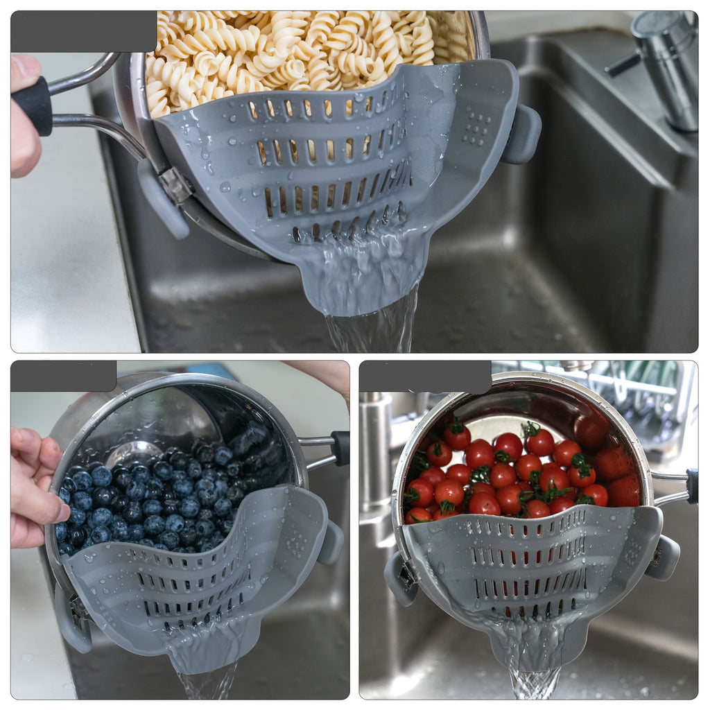 1peça ABERZEY Clip-On Strainer para Panelas e Tabuleiros - Peneira de Cozinha de Plástico Durável para Massas, Carne, Vegetais, Frutas - Drenagem Fácil e Design Compacto, Peneira para Massas, Preparação de Vegetais, Utensílios de Cozinha Modernos, Drenagem Eficiente