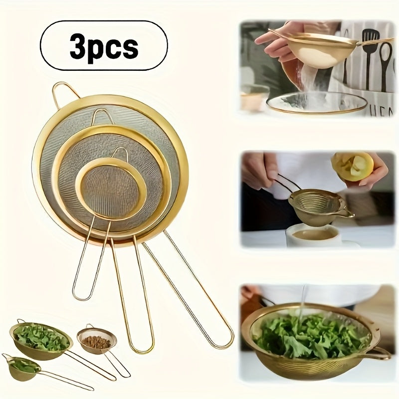 Conjunto de 3 Filtros de Malha Fina Dourada, Peneira de Farinha, Coador de Cozinha, Utensílios de Pastelaria, Acessórios de Cozinha, Utensílios de Cozinha, Ferramentas de Restaurante