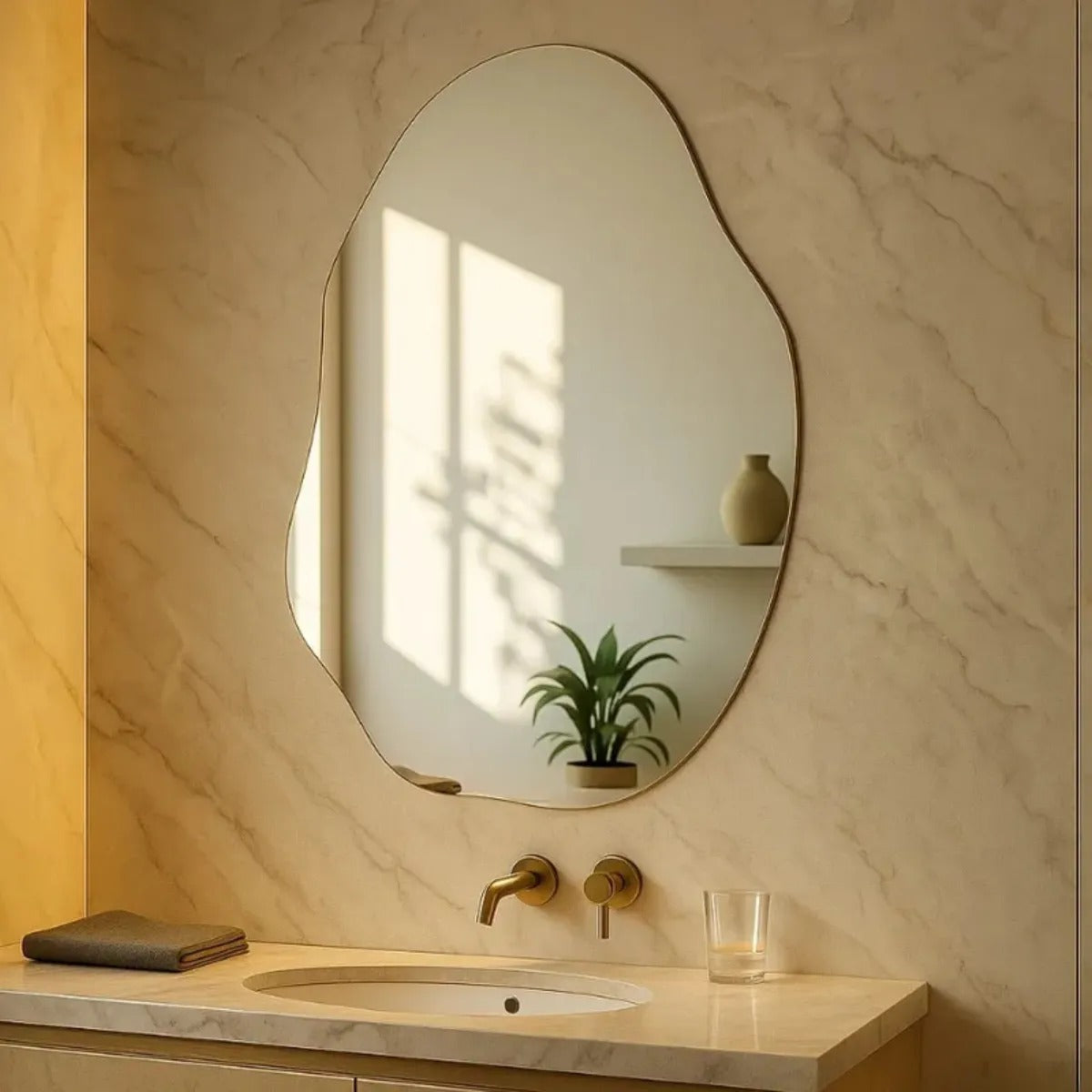 Espelho Orgânico Decorativo Moderno 70x50cm Formato Irregular Estilo Pinterest Vidro Polido de Alta Qualidade Sem Distorção para Decoração de Quarto Sala Hall e Banheiro Opções de Instalação com Suporte ou Fita Dupla Face Design Contemporâneo Luxo Resistente e Versátil Lopazzi Home Decor