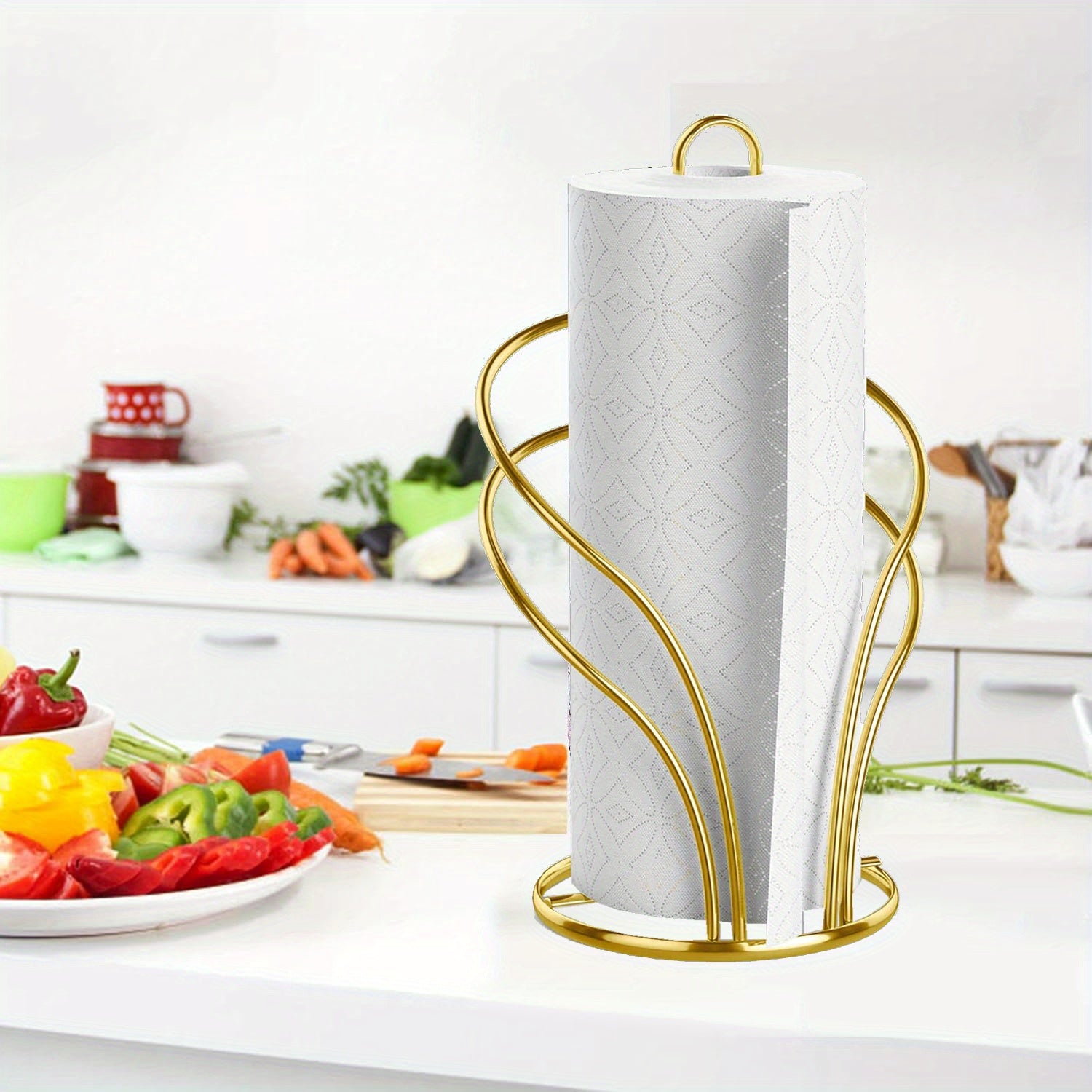Elegant Golden Tissue Holder with Weighted Base - Freestanding Countertop Paper Towel Rack for Kitchen & Bathroom, Decorative Multi-Loop Design, Towel Holder for Bathroom
