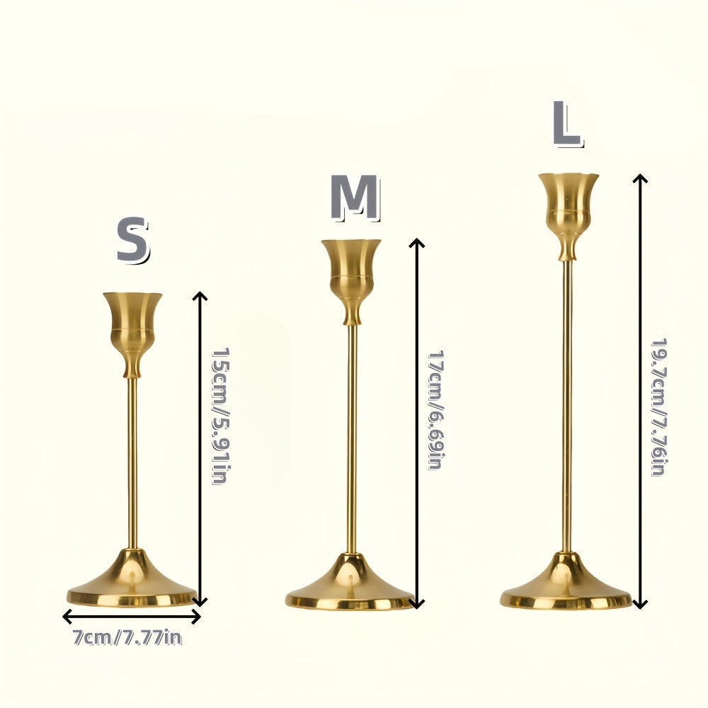 3pcs Elegant Golden Brass Candlestick Holders - Design de Metal Polido e Branco com Velas, Ideal para Casamento, Jantar e Decoração de Casa (Velas Não Incluídas), Decoração de Festa | Moderno Candelabro | Metal Durável, Decoração de Suporte de Velas