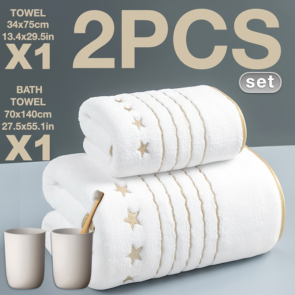 A Set of 2pcs of Gold-Trimmed Luxury Striped Star-Shaped Coral Fleece Bath Towels And Towels, Measuring 70*140Cm/27.5*55.1 Inches And 35*75Cm/13.4*29.5 Inches, Perfect for Bathrooms, Gyms, Parties, Gifts, Holidays, And Hotels