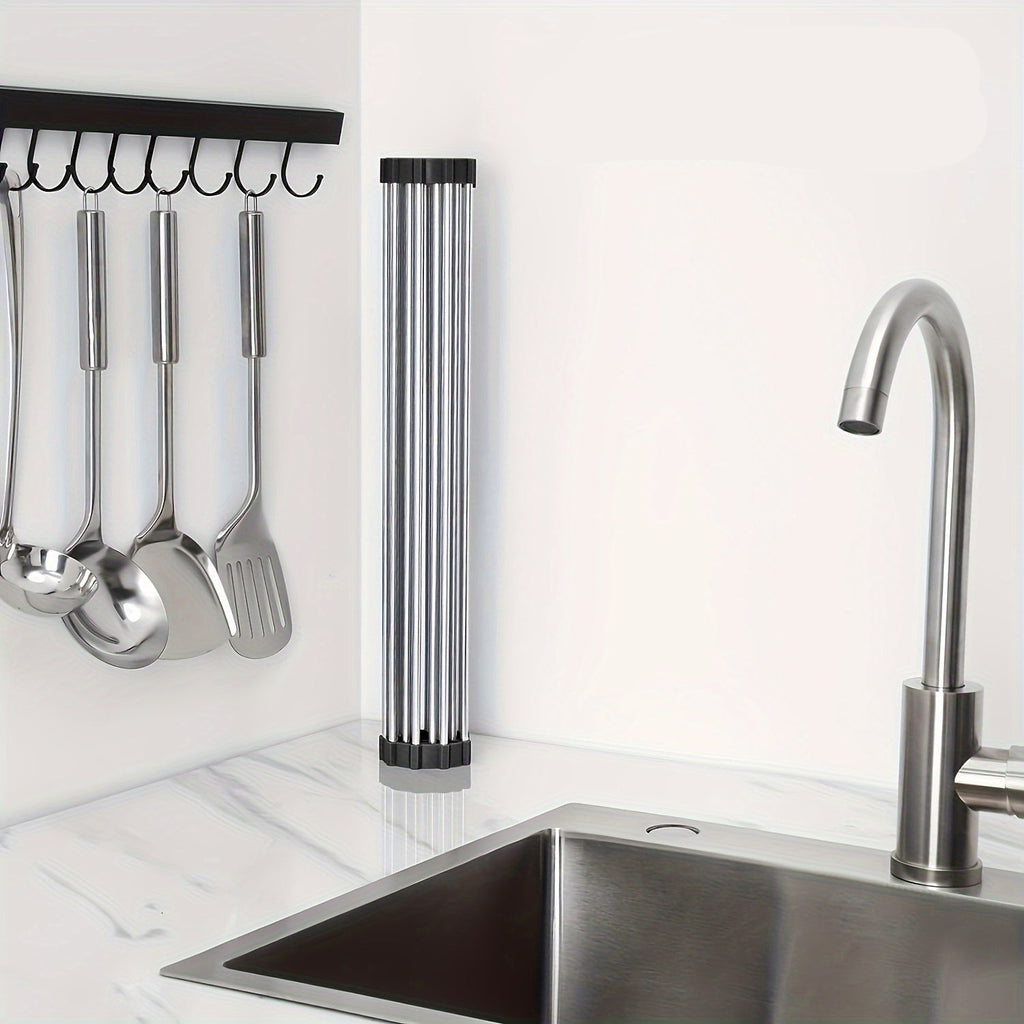 1pc, Deluxe Stainless Steel Roll-Up Dish Drying Rack - Space-Saving Over The Sink Design, Multifunctional Dish Drain Rack, Portable Rolling Rack, Sink Mat, Easy Storage, Rust-Resistant, Durable, And Compact Kitchen Tool, Drain Rack