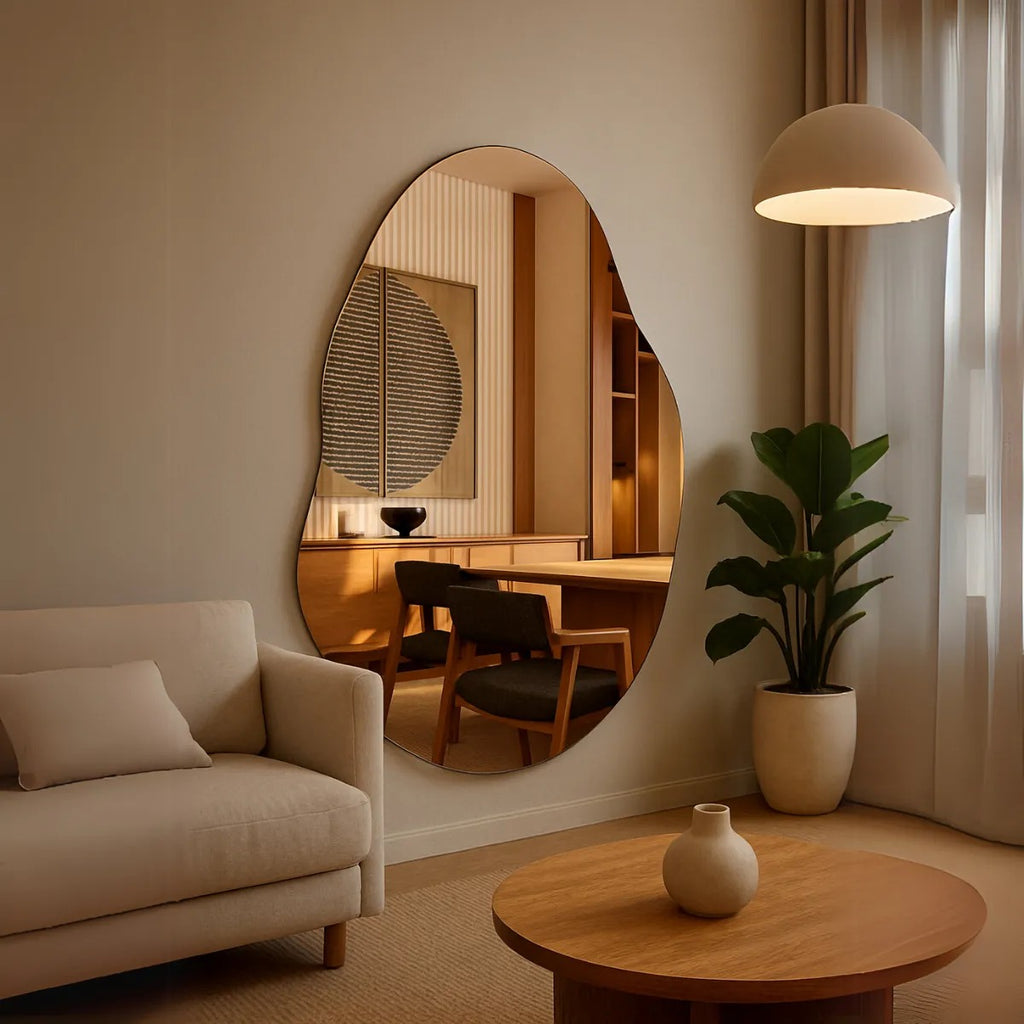 Espelho Orgânico Decorativo Moderno 70x50cm Formato Irregular Estilo Pinterest Vidro Polido de Alta Qualidade Sem Distorção para Decoração de Quarto Sala Hall e Banheiro Opções de Instalação com Suporte ou Fita Dupla Face Design Contemporâneo Luxo Resistente e Versátil Lopazzi Home Decor