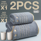 A Set of 2pcs of Gold-Trimmed Luxury Striped Star-Shaped Coral Fleece Bath Towels And Towels, Measuring 70*140Cm/27.5*55.1 Inches And 35*75Cm/13.4*29.5 Inches, Perfect for Bathrooms, Gyms, Parties, Gifts, Holidays, And Hotels