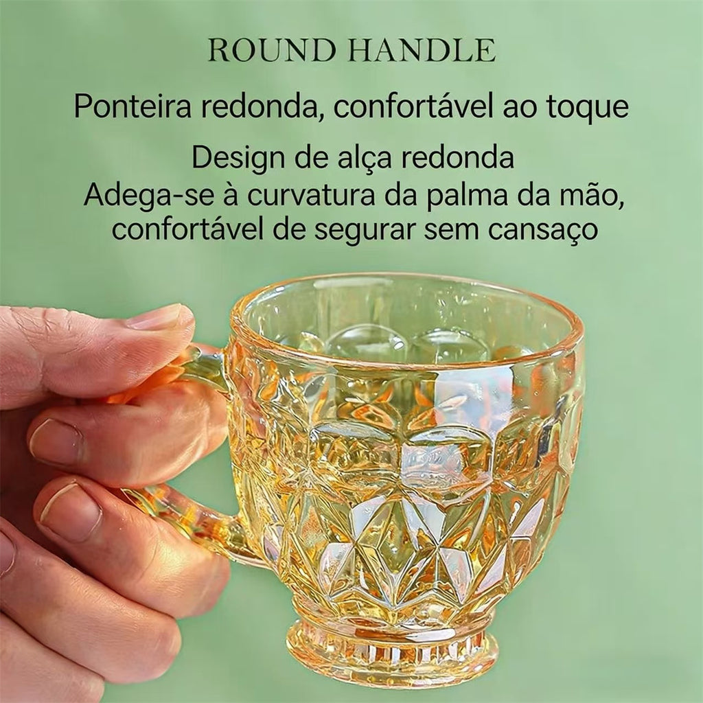 Jogo 6 Xícaras Chá e Café 260ml Itália Âmbar Cristal Dourado Luxuoso