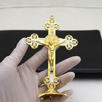 A Vintage Metal Statue of Christ Featuring an Intricate Cross Design - Perfect for Living Room Religious Decor, a Prayer Talisman, Adorned with Beautiful Golden And Red Accents, Suitable for Church Use