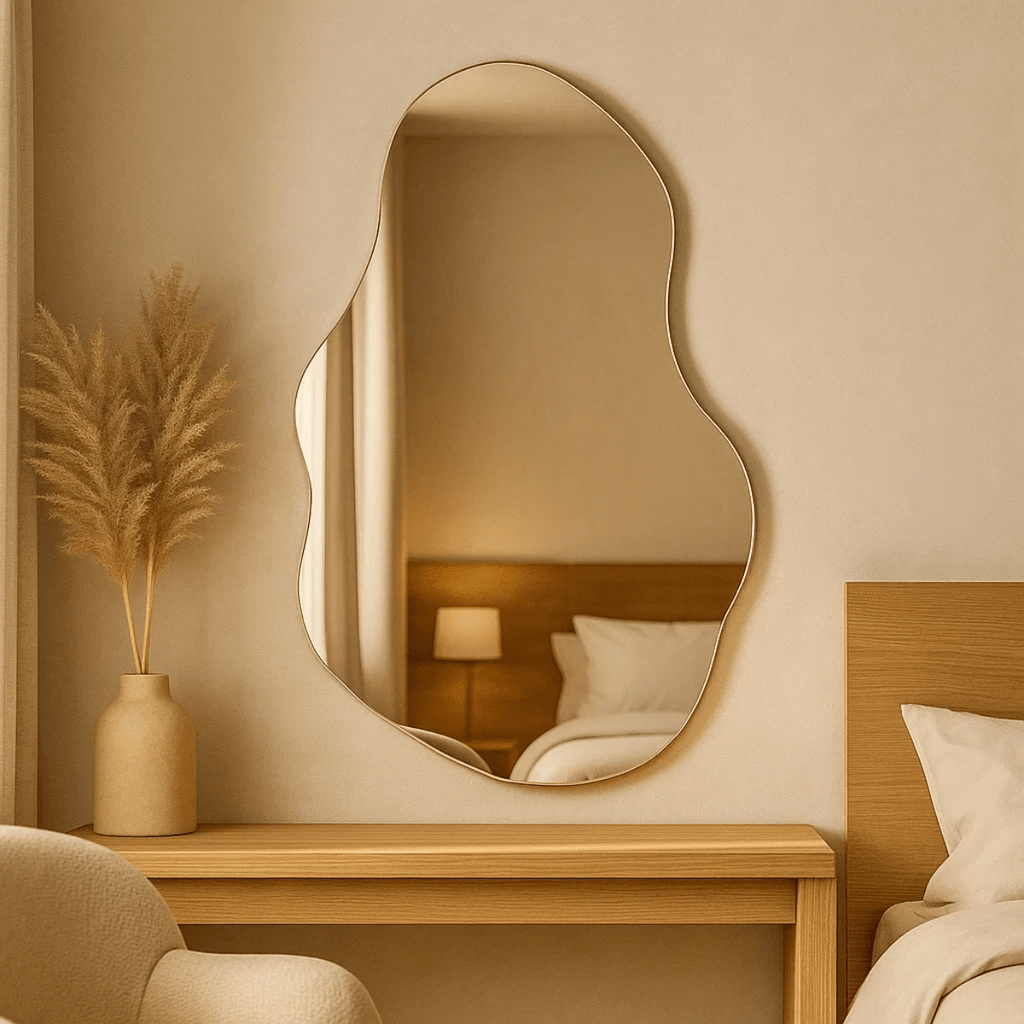 Espelho Orgânico Decorativo Moderno 70x50cm Formato Irregular Estilo Pinterest Vidro Polido de Alta Qualidade Sem Distorção para Decoração de Quarto Sala Hall e Banheiro Opções de Instalação com Suporte ou Fita Dupla Face Design Contemporâneo Luxo Resistente e Versátil Lopazzi Home Decor