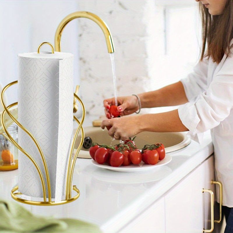 Elegant Golden Tissue Holder with Weighted Base - Freestanding Countertop Paper Towel Rack for Kitchen & Bathroom, Decorative Multi-Loop Design, Towel Holder for Bathroom