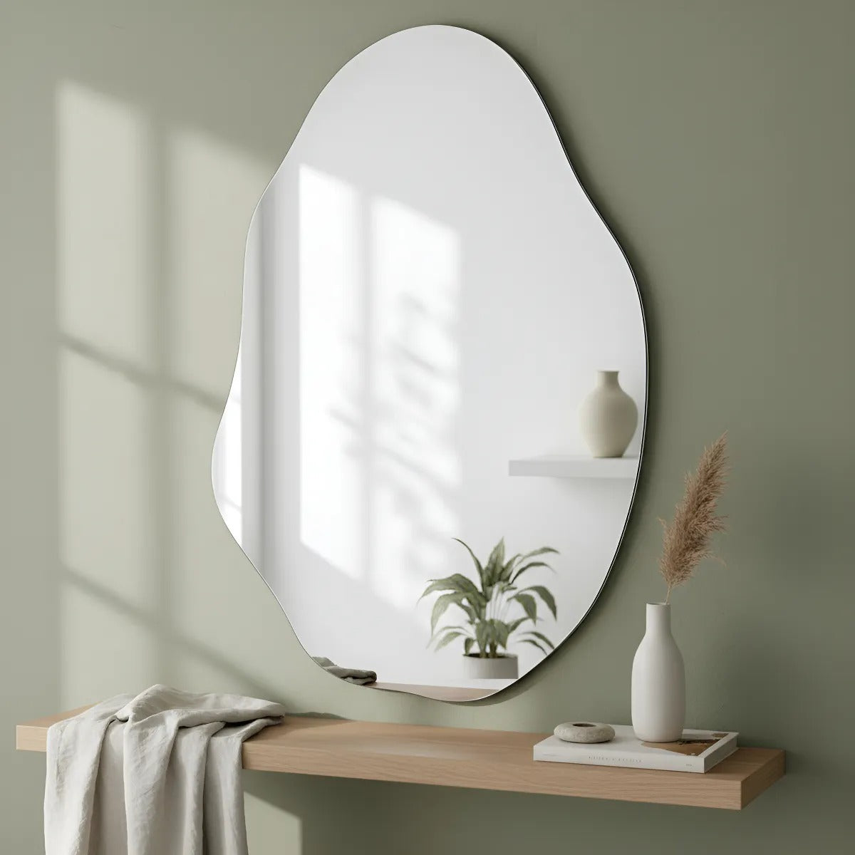 Espelho Orgânico Decorativo Moderno 70x50cm Formato Irregular Estilo Pinterest Vidro Polido de Alta Qualidade Sem Distorção para Decoração de Quarto Sala Hall e Banheiro Opções de Instalação com Suporte ou Fita Dupla Face Design Contemporâneo Luxo Resistente e Versátil Lopazzi Home Decor