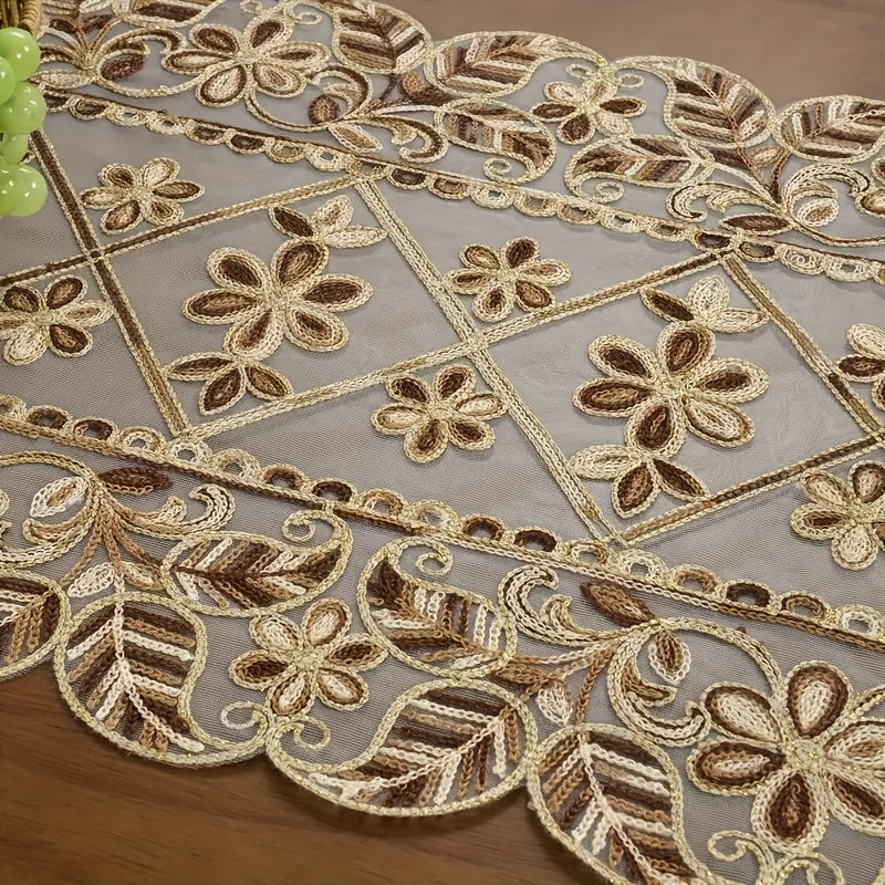 1 Toalha de Mesa Elegante com Bordado Floral - Design Tradicional em Organza com Fio Dourado em Tecido Bege, Retangular em Vários Tamanhos para Festas, Celebrações ou Decoração de Jantar do Dia a Dia