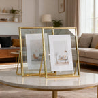 Porta-retratos de Vidro Flutuante Dourado Estilo Instagram em Tamanho de 6, 7 e 25.4 cm com Estrutura de Ferro e Metal Giratória, Ideais para Fotos Retrato ou Como Presentes Festivos