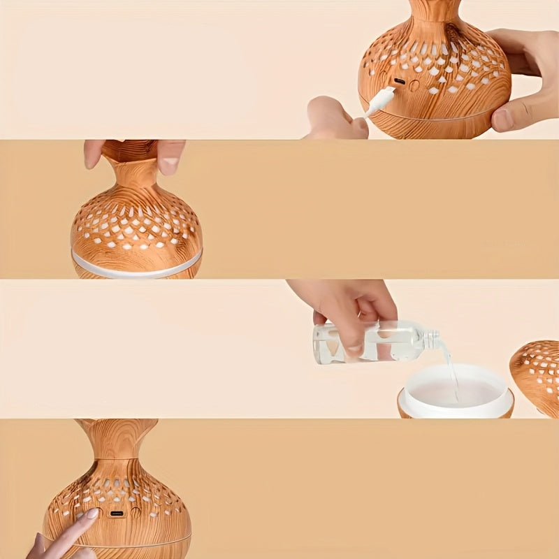 Diffusor de Aromaterapia Elegante em Madeira com Iluminação LED 7 Cores e 2 Modos de Névoa - Design Compacto USB para Casa, Escritório ou Carro - Presente Perfeito para Dia dos Namorados e Ano Novo, Umidificador Decorativo, Difusor de Fragrância, Qualidade Alta de Saída de Névoa, Acessório Moderno para Mesa