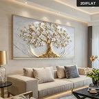 [2D Flat] Uma Grande Obra de Arte Abstrata Moderna Sem Moldura Apresentando a Árvore da Vida com Folhas Douradas e Flores Brancas, Perfeita para Decorar uma Sala de Estar, Quarto ou Escritório. Este Design 2D Flat Elegante Serve Como Uma Peça de Arte de Parede Luxuosa.