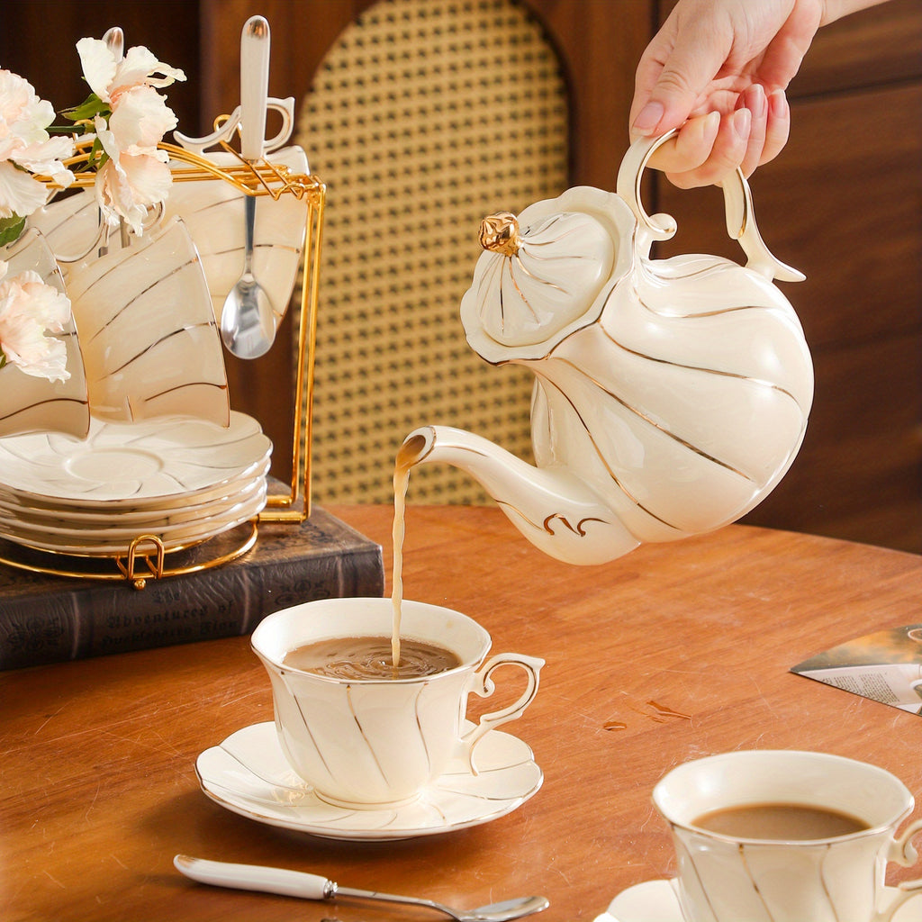 7pcs Court Style Ceramic Set, Creamy Coffee Cup with Floral Edge, American Style Golden Trim, 220ml Beige Tea Cup, Corporate Gift Set for Water & Office Use