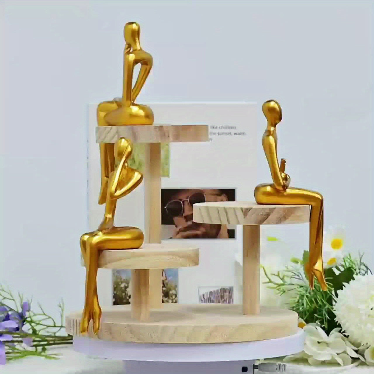 Conjunto de 3 peças, Estatueta de Resina Dourada, Arte Decorativa em Resina, Decoração de Interiores, Adições para a Casa, Decoração Temática, Ornamento de Mesa, Acento de Mesa de Varanda, Decoração de Estante de Livros e Suporte de Vinho para Escritório