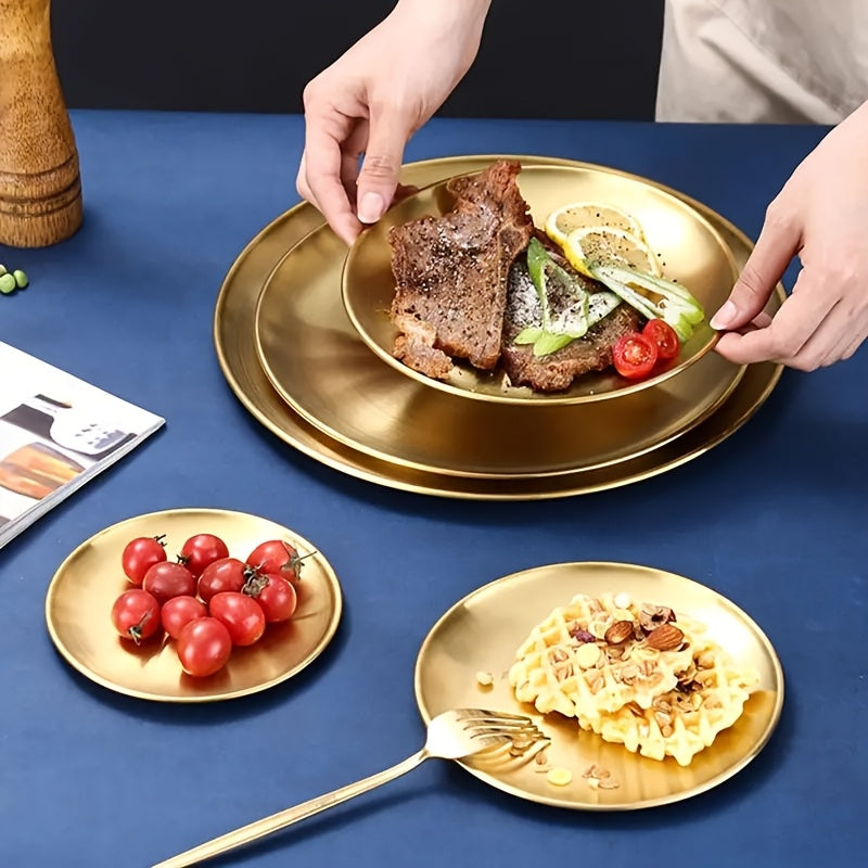 Conjunto de 6 Pratos de Jantar em Aço Inoxidável, Prato de Salada Dourado, Prato de Churrasco Coreano, Prato Principal Ocidental, Prato para Lanches e Sobremesas, Adequado para Restaurante e Uso Doméstico, Bandeja Multifuncional para Lanches e Prato para Ossos