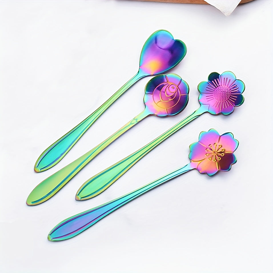 Conjunto de 4 colheres de chá pequenas em formato de flor, colher de café, colher fofa para sorvete e sobremesa, conjunto de talheres em aço inoxidável