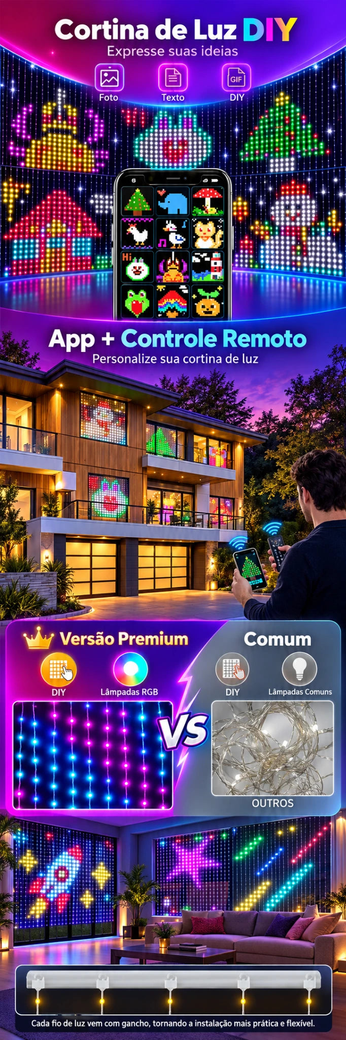 Cortina de Luzes LED Inteligente RGB para Natal