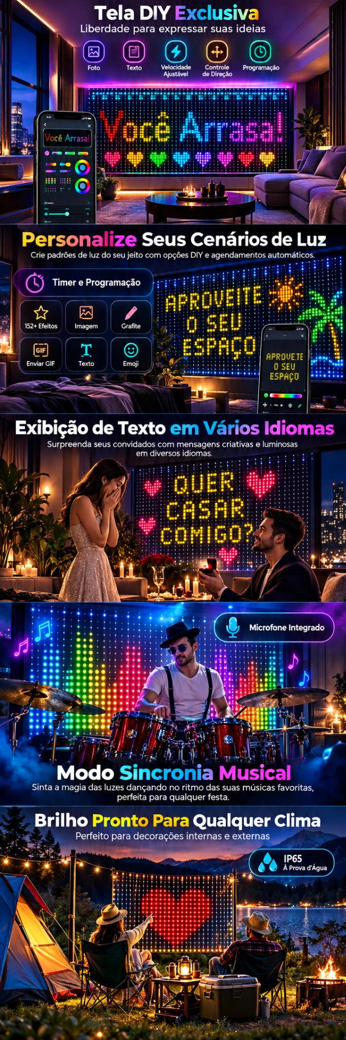 Cortina de Luzes LED Inteligente RGB para Natal