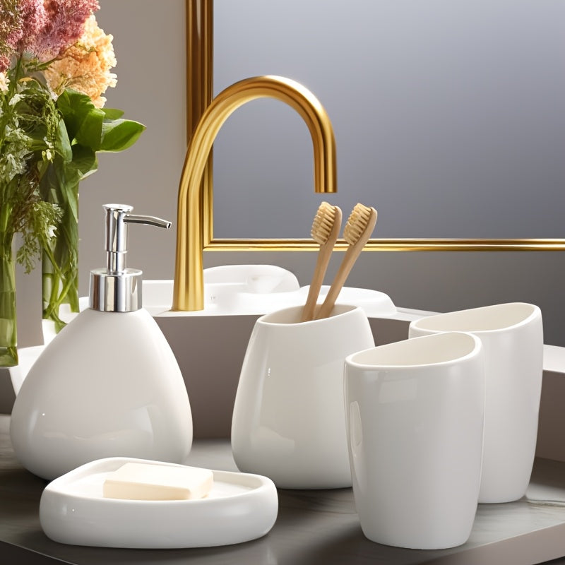 Conjunto de Banheiro Moderno em Cerâmica Branca - 5 Peças - Acessórios de Luxo Completo com Dispensador de Sabonete, Porta-Escova de Dentes, Saboneteira e Copo para Enxaguante Bucal - Resistente a Manchas, Fácil de Limpar e Durável para Banheiros de Casa e Hotel (Sem Instalação)