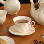 7pcs Court Style Ceramic Set, Creamy Coffee Cup with Floral Edge, American Style Golden Trim, 220ml Beige Tea Cup, Corporate Gift Set for Water & Office Use