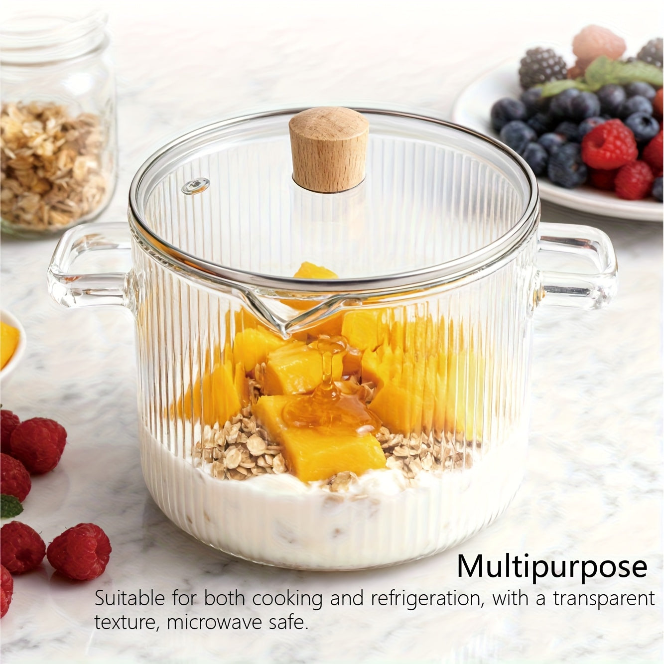 61oz/78oz Stylish Double-Handled Vertical Striped Transparent Glass Small Pot, High Borosilicate Glass Material, Heat-Resistant, Suitable for Open Flame, Electric, and Ceramic Stoves, Transparent Visible Stewing Pot, Household Pot for 1-2 People