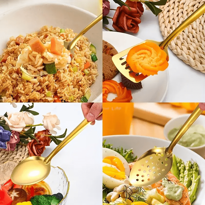 Conjunto de 6 Utensílios de Cozinha Dourados de Aço Inoxidável/Espátula Estilo Coreano, Concha de Sopa, Colher Furada/Conjunto de Utensílios de Cozinha para Casa para Sopa, Saltear e Fritar/Culinária Doméstica Essencial, Buffet, Restaurante, Banquete, Festa, Confeitaria e Servir/