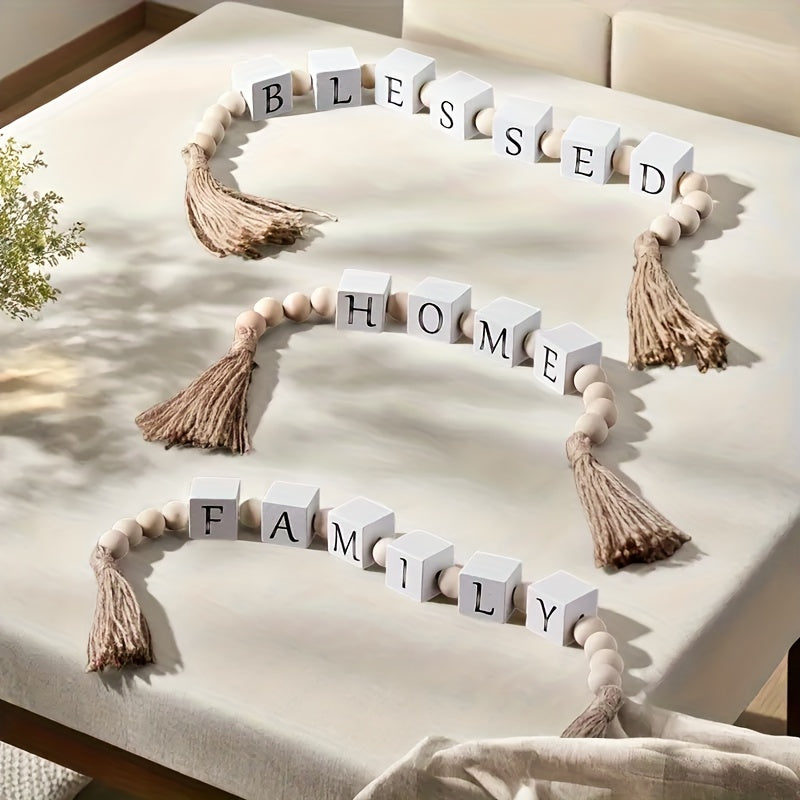 Guirlanda de letras de madeira rústica com borlas - Design "Casa" para decoração de casa aconchegante, perfeita para prateleiras, lareiras ou paredes - Calor, amor e encanto campestre inspirado em cubos de madeira, contas e borlas, decoração rústica para casa