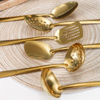 Conjunto de 6 Utensílios de Cozinha Dourados de Aço Inoxidável/Espátula Estilo Coreano, Concha de Sopa, Colher Furada/Conjunto de Utensílios de Cozinha para Casa para Sopa, Saltear e Fritar/Culinária Doméstica Essencial, Buffet, Restaurante, Banquete, Festa, Confeitaria e Servir/