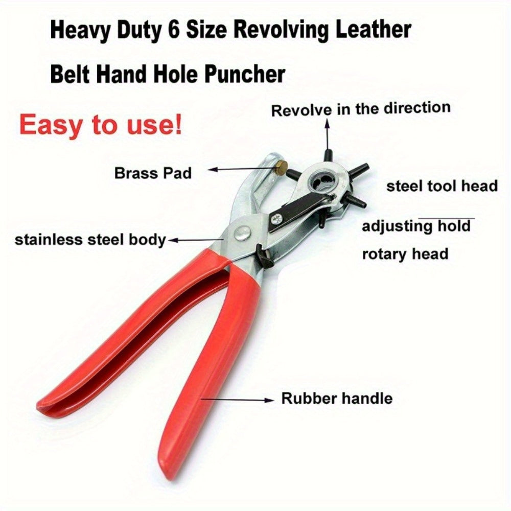 Heavy-Duty Rotary Leather Hole Punch with Ergonomic Handle And Multi-Size Punch Kit - Manual Lever Mechanism for Precise Round/Square/Rectangular/Star/Heart/Clover Holes - Suitable for Belts, Watch Bands, Leather Crafts