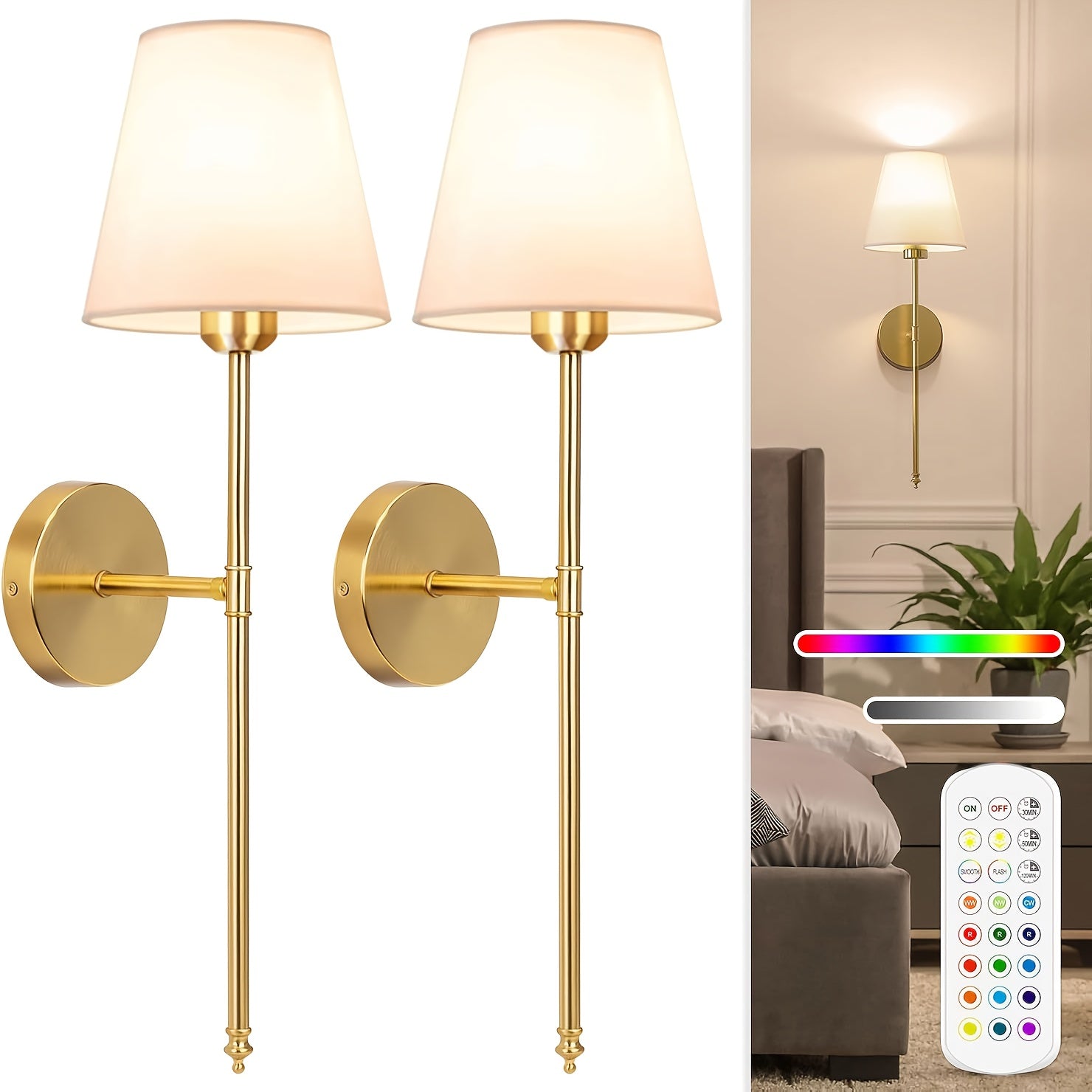 2 Conjuntos de Luzes de Parede a Pilhas, Conjunto de 2, Luzes de Parede Recarregáveis Douradas com Lâmpadas Magnéticas Removíveis e de Controlo Remoto, Cores RGB e 3 Temperaturas de Cor, Luzes de Parede Sem Fios Reguláveis para Quarto