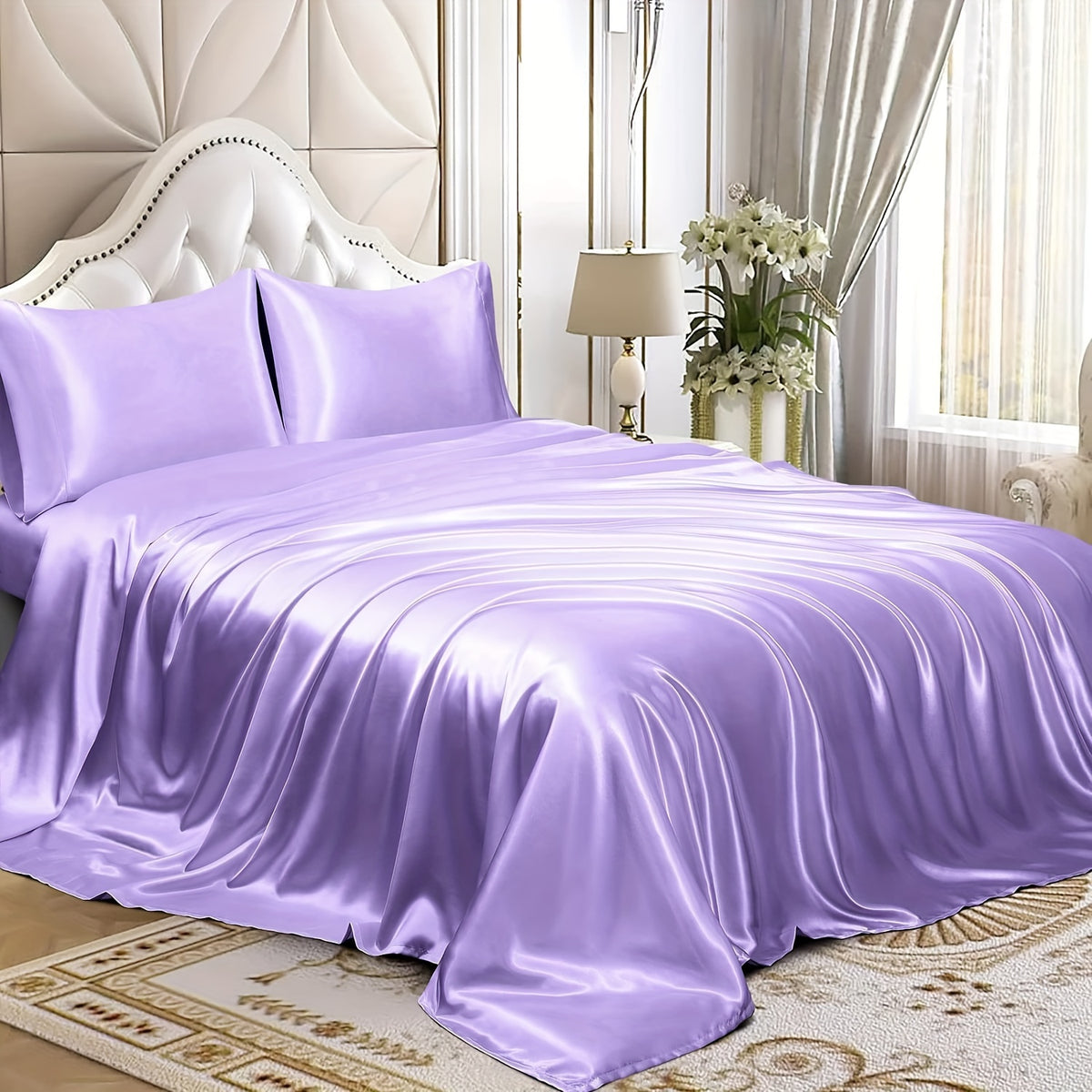 3/4 Peças de Lençol de Cetim - Cobertor de Cama Macio e Respirável, Luxuoso, Adequado para Quarto, Ajustável a Camas, Opções de Cores Múltiplas (Lençol, Cobertor Ajustável e Fronhas)
