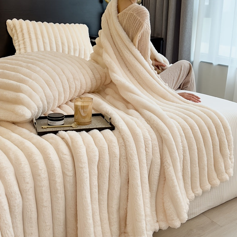 Manta Gdan Rinoceronte Luxuosa de Pele Falsa de Coelho - Adequada para Sofá, Cama, Escritório e Viagem - Manta Macia, Quente e Aconchegante Listrada, Colcha Contemporânea, Lavável à Mão, Presente Ideal de Natal e Uso em Todas as Estações (Multicolor)