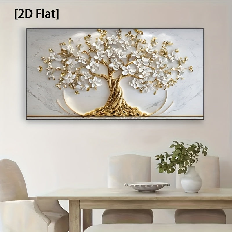 [2D Flat] Uma Grande Obra de Arte Abstrata Moderna Sem Moldura Apresentando a Árvore da Vida com Folhas Douradas e Flores Brancas, Perfeita para Decorar uma Sala de Estar, Quarto ou Escritório. Este Design 2D Flat Elegante Serve Como Uma Peça de Arte de Parede Luxuosa.