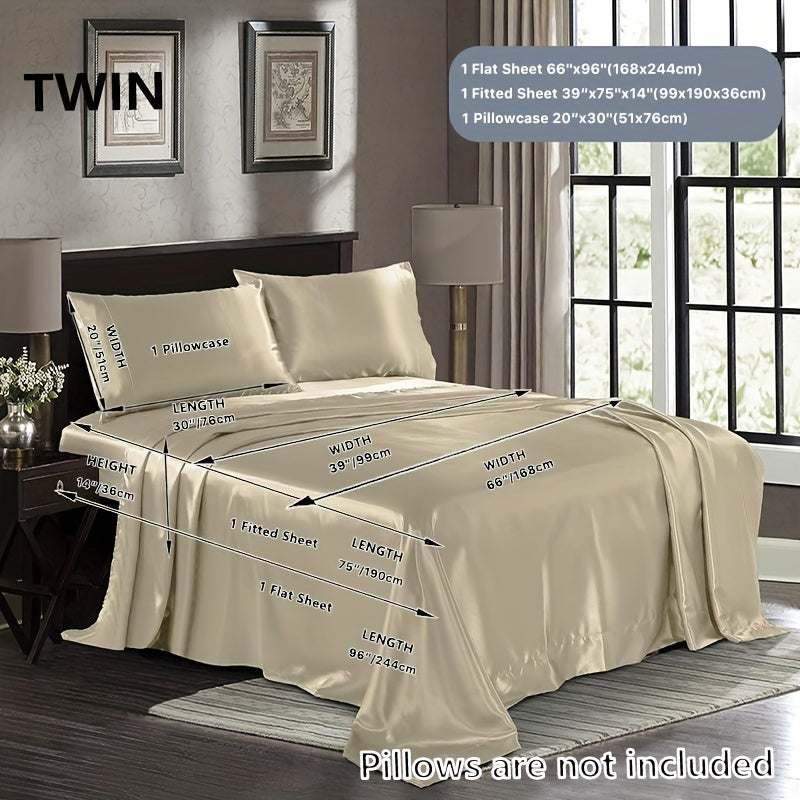 3/4 Peças de Lençol de Cetim - Cobertor de Cama Macio e Respirável, Luxuoso, Adequado para Quarto, Ajustável a Camas, Opções de Cores Múltiplas (Lençol, Cobertor Ajustável e Fronhas)