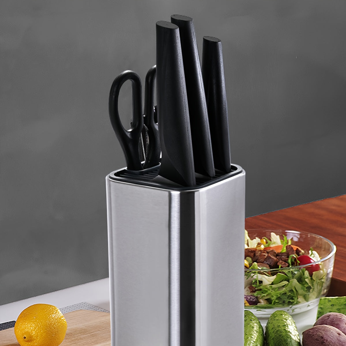 1pc Sleek Stainless Steel  Holder with Wooden Handle - Single Slot, Kitchen Rack for Knives & Cutting Boards, Durable Plastic Construction