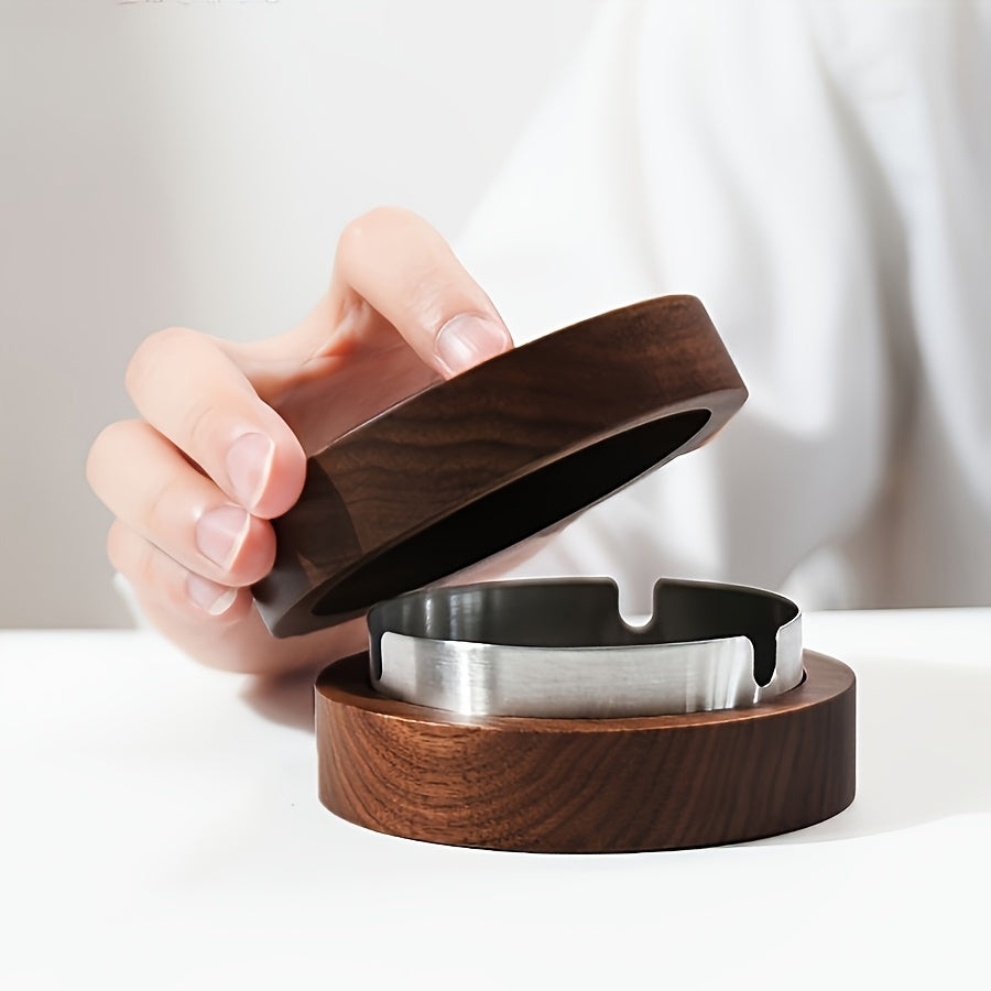 Cinzeiro redondo de madeira sólida com tampa - Material de madeira escura premium, cor de acácia retro, desmontável e fácil de limpar, presente perfeito para pai, clientes de negócios, namorado ou amante, ideal para uso interior em escritórios, cafés, bares, casas noturnas, casas e quintais.