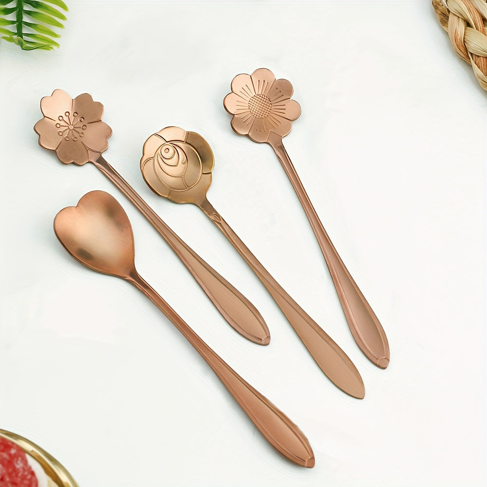 Conjunto de 4 colheres de chá pequenas em formato de flor, colher de café, colher fofa para sorvete e sobremesa, conjunto de talheres em aço inoxidável