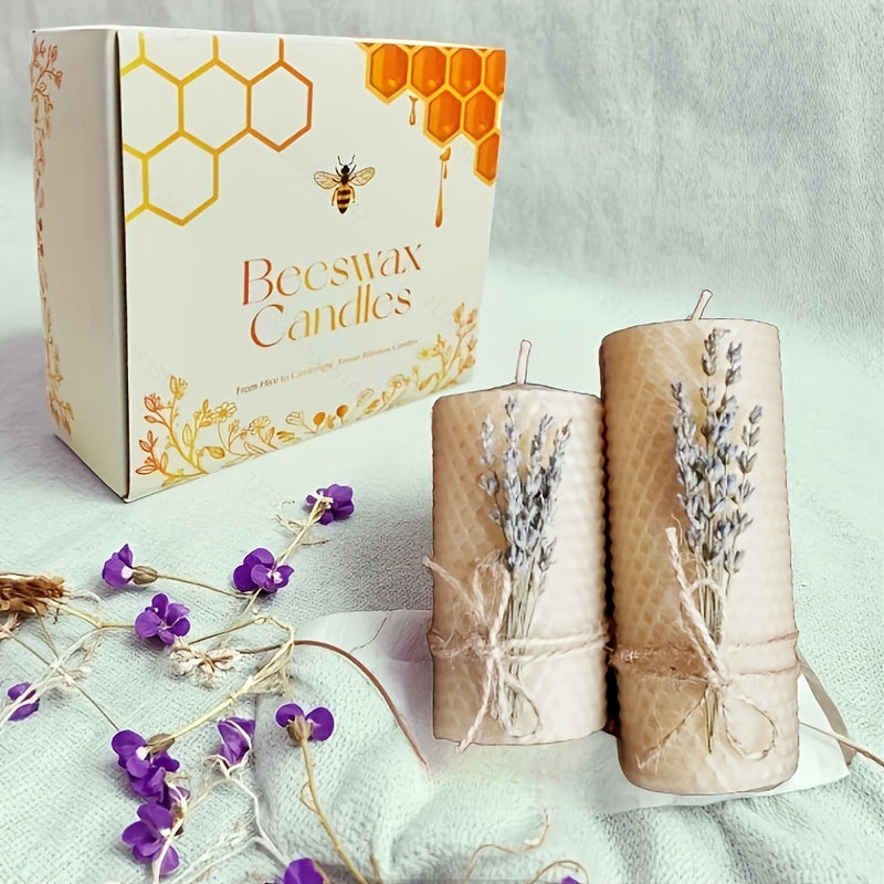 Conjunto de 2 Velas de Cera de Abelha, Velas de Cera de Abelha em Pilar com Aroma de Lavanda, Perfeitas para Presentes, Festas, Rituals e Decoração de Casa
